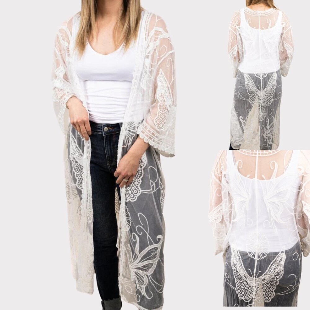 LIB Ivory Lace Duster Kimono Butterfly Embroidered One Size NWT